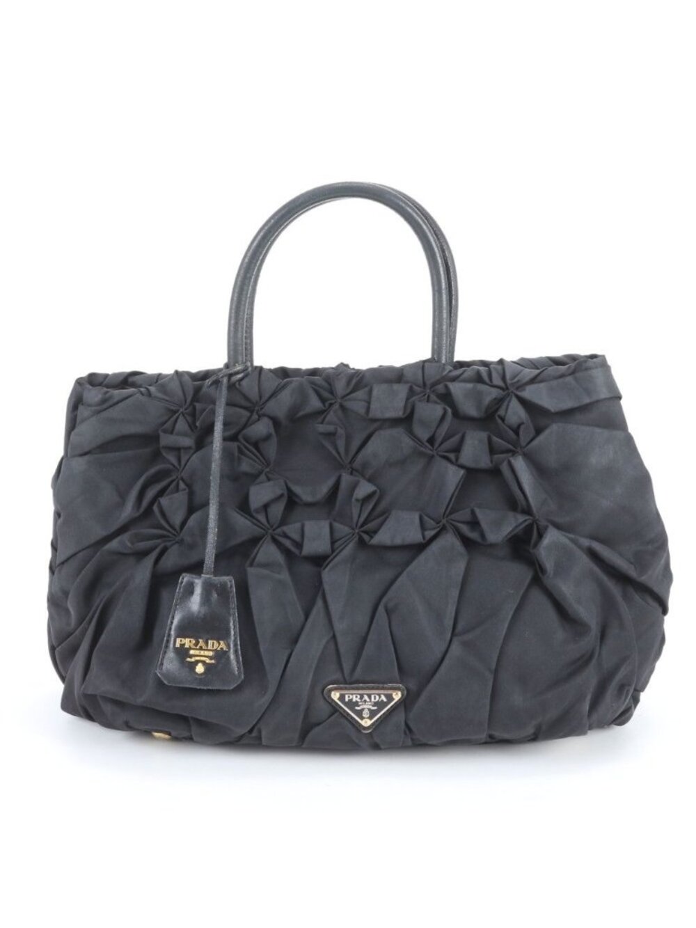 Prada Tessuto Nylon Gathered Triangle Logo Leather Tote Bag